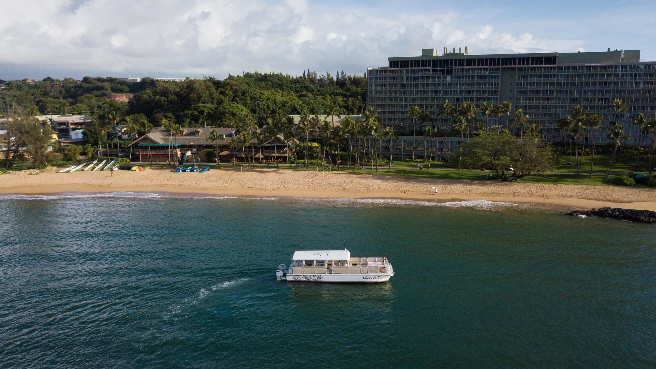 Aerial view of Kalapaki II Sunset Catamaran in Kalapaki Bay