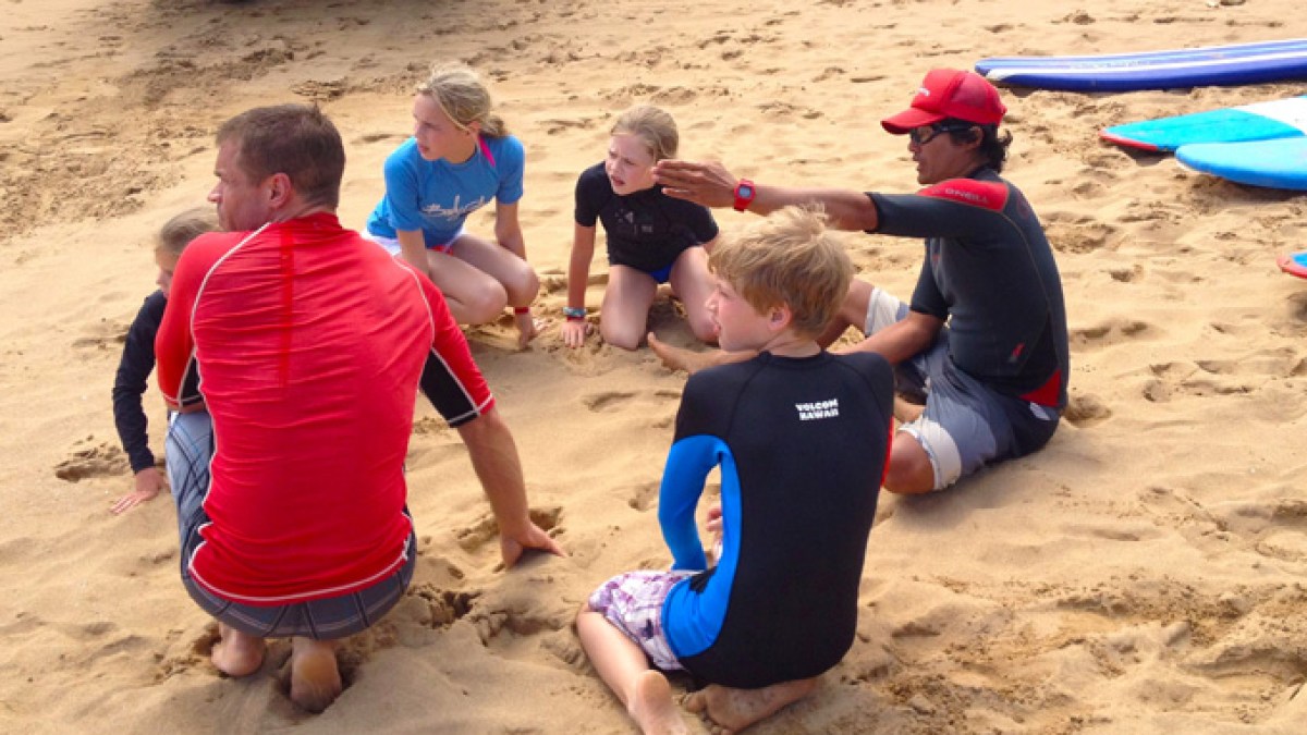 Family surf lesson at Kalapaki Beach, Kauai