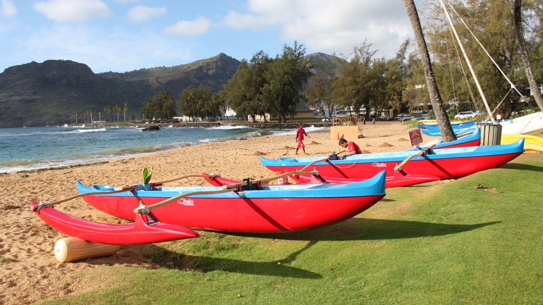 Outrigger canoes at Kalapaki Bay, Kauai