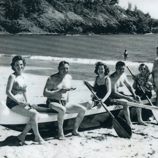 1960s photo of guests on Outrigger Canoe at Kalapaki Beach Kauai